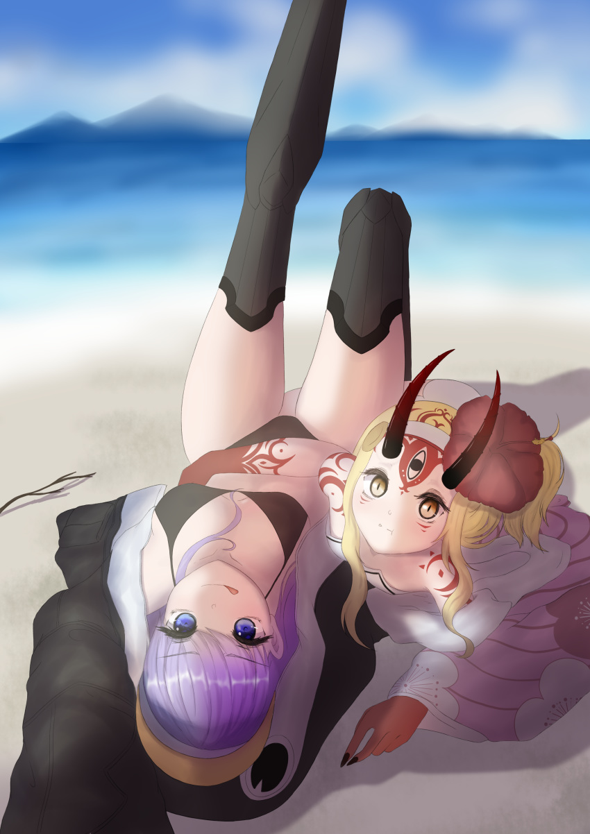 2girls absurdres animal_hood bare_shoulders beach bikini black_bikini black_jacket blonde_hair blue_bow blue_eyes blue_sky bow breasts closed_mouth day facial_mark fate/grand_order fate_(series) fingernails floral_print flower forehead_mark hair_between_eyes hair_pulled_back hairband hibiscus highres hood horns ibaraki_douji_(fate) ibaraki_douji_(swimsuit_lancer)_(fate) ibaraki_douji_(swimsuit_lancer)_(second_ascension)_(fate) jacket japanese_clothes kimono legs legs_up licking_lips long_hair long_sleeves looking_at_viewer lying meltryllis_(fate) meltryllis_(swimsuit_lancer)_(fate) meltryllis_(swimsuit_lancer)_(first_ascension)_(fate) multiple_girls ocean on_back on_stomach one-piece_swimsuit oni oni_horns outdoors oversized_flower penguin_hood pink_kimono purple_hair red_flower sharp_fingernails shiori_(pixiv11239358) shoulder_tattoo sidelocks sky sleeves_past_fingers sleeves_past_wrists slit_pupils small_breasts smile swimsuit tattoo thighs tied_hair tongue tongue_out upside-down very_long_hair white_one-piece_swimsuit wide_sleeves yellow_eyes