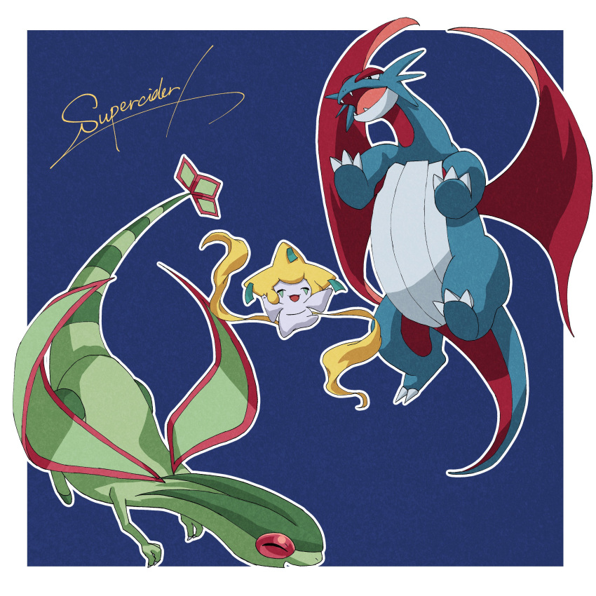 :d absurdres akiwashi blue_background border claws closed_eyes commentary_request fangs flygon highres jirachi no_humans open_mouth outline outside_border pokemon pokemon_(creature) salamence signature smile tongue white_border