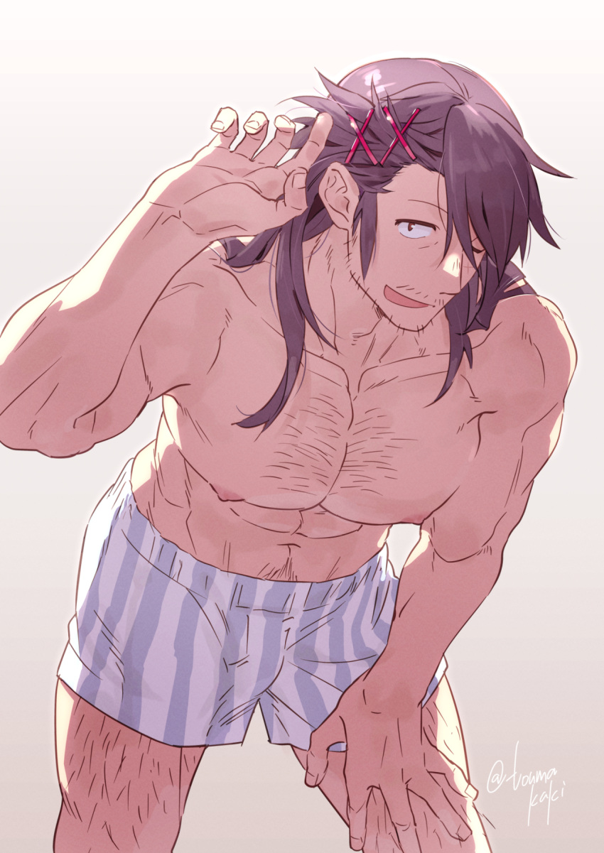 1boy :d abs alternate_hairstyle bara boxers bulge chest_hair collarbone dasshu_(dashi_now) facial_hair feet_out_of_frame hair_ornament hand_on_own_thigh hand_up highres ishuzoku_reviewers large_pectorals leaning_forward leg_hair long_hair looking_at_viewer male_focus male_underwear mature_male muscular muscular_male mustache_stubble navel navel_hair nipples pectorals sidelocks smile solo sparse_stubble stomach striped_underwear stubble stunk topless_male underwear x_hair_ornament