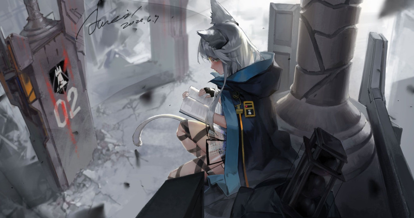 animal_ears arknights aweii bad_id bad_pixiv_id black_gloves black_jacket blush book cat_ears cat_girl cat_tail commentary_request dated female fingerless_gloves from_side gloves green_eyes grey_hair highres holding holding_book hood hood_down hooded_jacket jacket looking_at_viewer looking_to_the_side open_book open_clothes open_jacket profile rosmontis_(arknights) see-through signature sitting solo tail