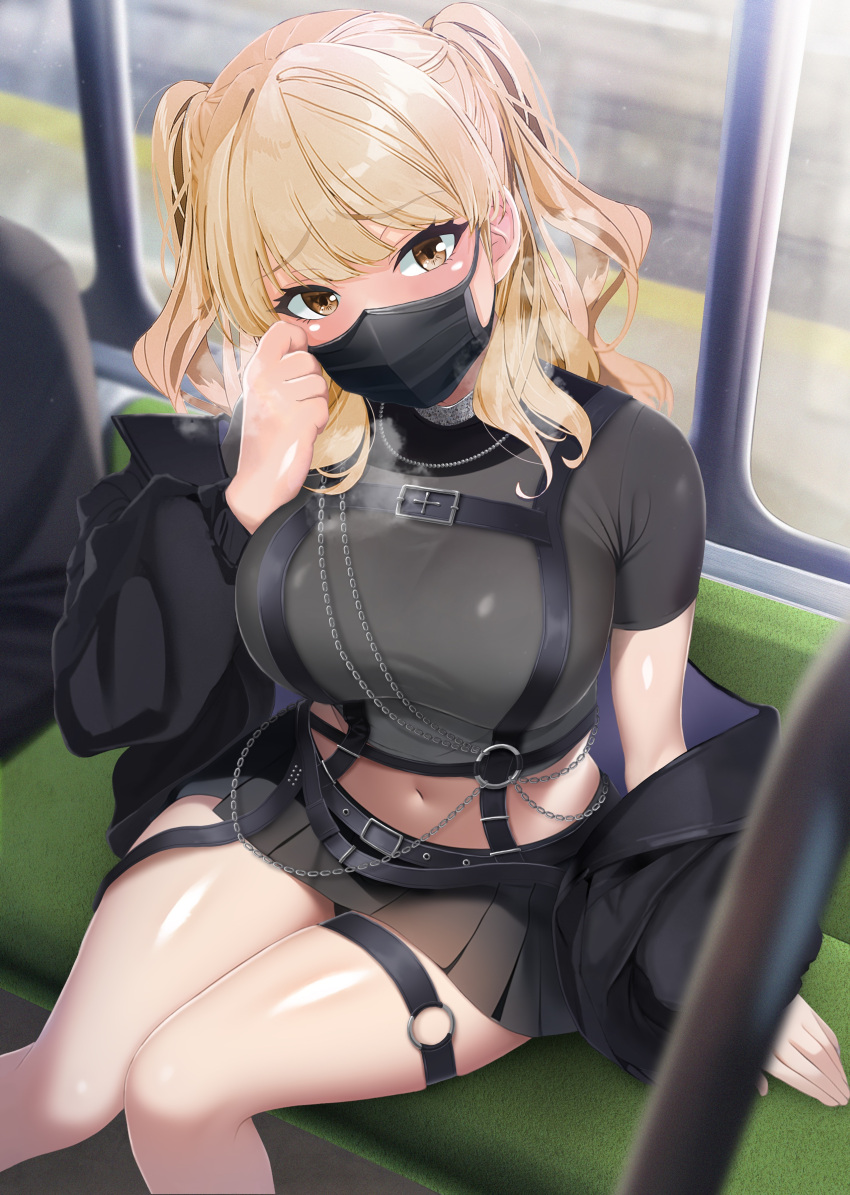 absurdres black_jacket black_mask black_panties black_shirt black_skirt blonde_hair breasts breath brown_eyes chains chest_harness commentary commission crop_top cropped_shirt female gegegeteikoku harness highres jacket large_breasts leather_belt long_hair looking_at_viewer mask mask_pull miniskirt mouth_mask navel nijisanji o-ring o-ring_thigh_strap official_alternate_costume official_alternate_hairstyle open_clothes open_jacket panties pleated_skirt shirt short_sleeves silver_choker sister_claire sister_claire_(9th_costume) sitting skeb_commission skirt solo_focus thigh_strap thighs train_interior two_side_up underwear virtual_youtuber window