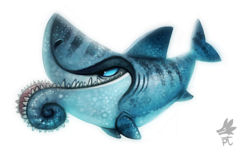 2014 ambiguous_gender blue_eyes blue_sclera digital_media_(artwork) digital_painting_(artwork) fangs feral fish grey_body grey_scales helicoprion marine piper_thibodeau scales shark simple_background solo teeth white_background