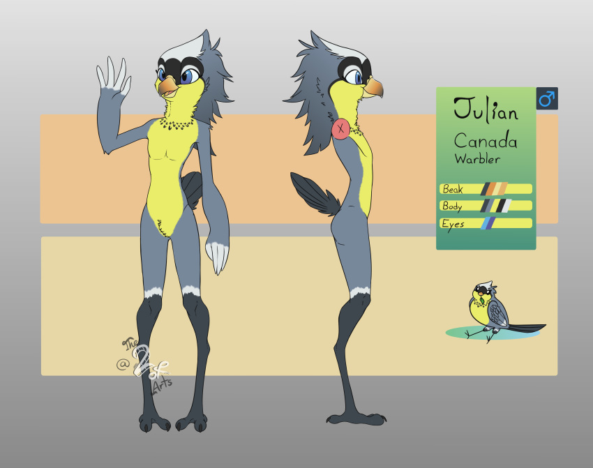 2022 absurd_res adamb/t2oa anthro avian beak bird canada_warbler feathered_wings feathers feet femboy feral gender_symbol hi_res julian_(adamb/t2oa) leaf male male_symbol model_sheet new_world_warbler oscine passerine signature solo symbol tail tail_feathers talons toes warbler wings