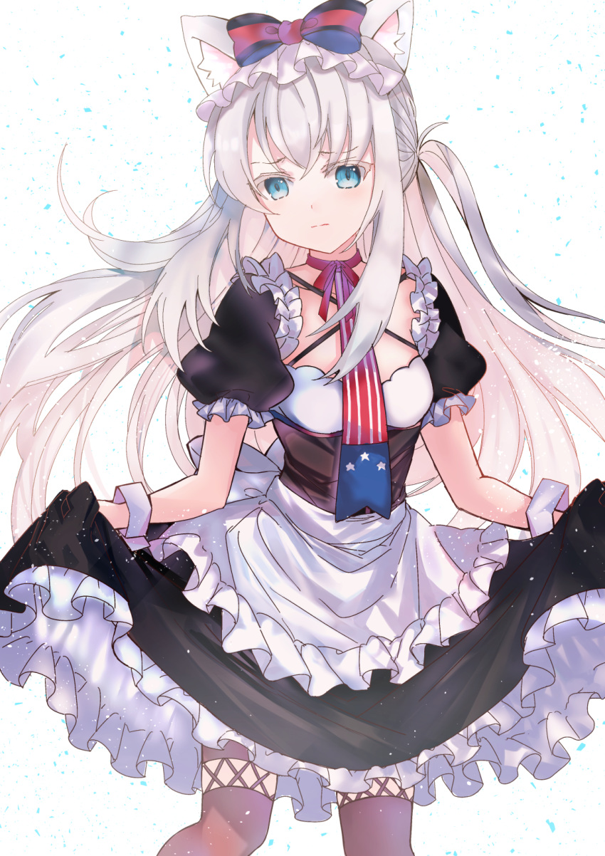 american_flag american_flag_neckwear american_flag_print animal_ear_fluff animal_ears apron azur_lane bad_id bad_pixiv_id black_bow black_dress black_legwear blue_eyes bow cat_ears cat_girl cat_hair_ornament choker dress female flag_print frilled_apron frills hair_ornament hairbow hammann_(azur_lane) highres maid necktie print_necktie puffy_short_sleeves puffy_sleeves red_choker shibaebi_(yasaip_game) short_sleeves solo waist_apron white_apron white_hair wrist_cuffs