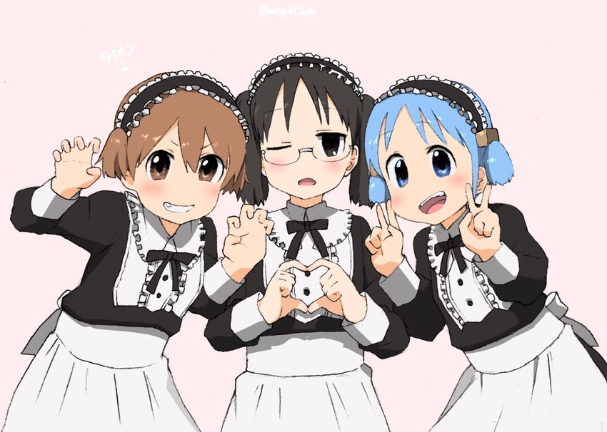 3girls :d aioi_yuuko alternate_costume alternate_hairstyle arrow_(symbol) black_eyes black_hair black_ribbon blue_eyes blue_hair blush brown_eyes brown_hair claw_pose cube_hair_ornament double_v enmaided glasses grin hair_between_eyes hair_ornament hands_up heart heart_hands long_sleeves looking_at_viewer maid maid_headdress minakami_mai multiple_girls naganohara_mio nichijou one_eye_closed open_mouth ribbon short_hair simple_background smile teeth turbo_engine_(rakugaki_tabo) twintails upper_teeth_only v