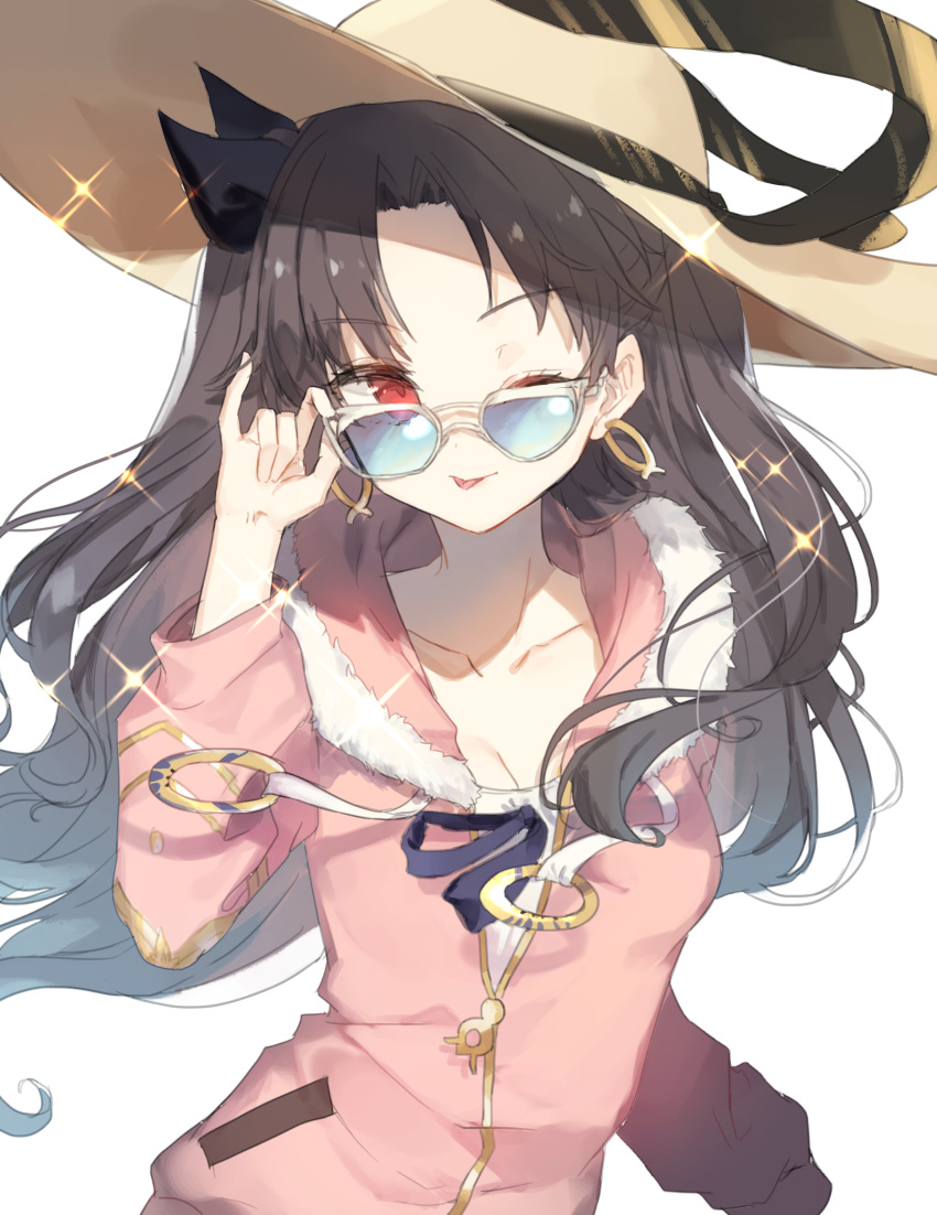 ;p black_hair black_ribbon breasts cleavage commentary_request earrings fate/grand_order fate_(series) female fur_trim hair_ribbon hat highres hood hooded_jacket ishtar_(fate) ishtar_(swimsuit_rider)_(fate) jacket jewelry long_hair looking_at_viewer one-piece_swimsuit one_eye_closed oomori_(kswmr) red_eyes ribbon simple_background solo sun_hat sunglasses swimsuit tongue tongue_out two_side_up white_background white_one-piece_swimsuit