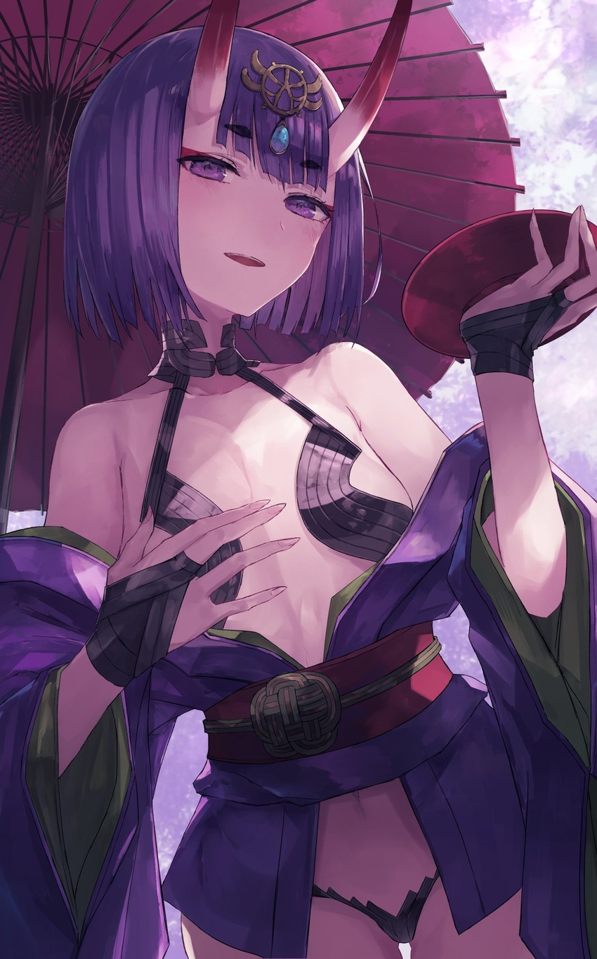 bare_shoulders black_gloves black_panties blush bob_cut commentary cowboy_shot cup fate/grand_order fate_(series) female fingerless_gloves flat_chest gloves hand_up headpiece highres holding holding_cup horns japanese_clothes kimono looking_at_viewer navel obi off_shoulder oil-paper_umbrella oni open_clothes open_kimono open_mouth panties purple_eyes purple_hair purple_kimono red_sash red_umbrella sakazuki sash short_hair short_kimono shuten_douji_(fate) skin-covered_horns smile solo standing thick_eyebrows thkani umbrella underwear