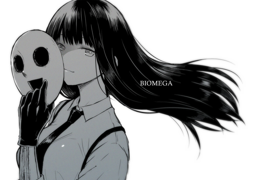 biomega breasts closed_mouth collared_shirt dress_shirt female formal gloves greyscale lips long_hair looking_at_viewer mask mechanical_arms medium_breasts monochrome necktie nyaldee sakuma_tsukasa shirt simple_background single_mechanical_arm smile solo standing suspenders white_background