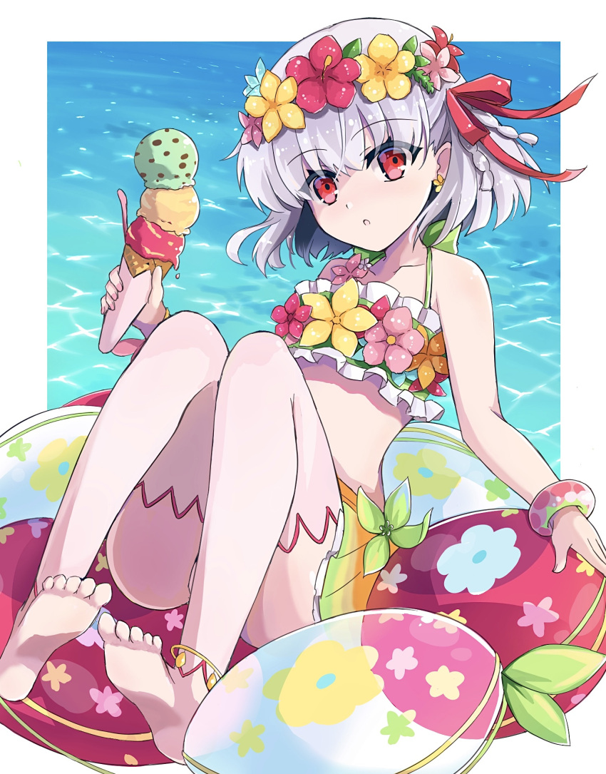 bikini bikini_skirt bow breasts earrings fate/grand_order fate_(series) feet female flower flower_earrings flower_wreath food full_body green_bikini hair_flower hair_ornament hairbow head_wreath highres holding holding_food holding_ice_cream ice_cream innertube jewelry kama_(fate) kama_(swimsuit_avenger)_(fate) kama_(swimsuit_avenger)_(first_ascension)_(fate) looking_at_viewer ocean open_mouth rainbow_skirt red_eyes short_hair small_breasts solo swim_ring swimsuit thighhighs tm-pika white_hair