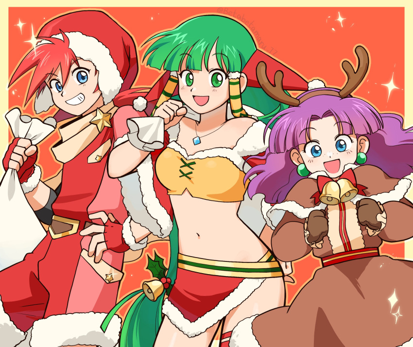 1boy 2girls betabetamaru blue_eyes christmas earrings feena_(grandia) fingerless_gloves freckles gloves grandia grandia_i green_eyes green_hair hair_ornament hair_tubes hat highres jewelry justin_(grandia) long_hair looking_at_viewer midriff multiple_girls navel necklace open_mouth purple_hair red_hair skirt smile sue_(grandia) wide_sleeves