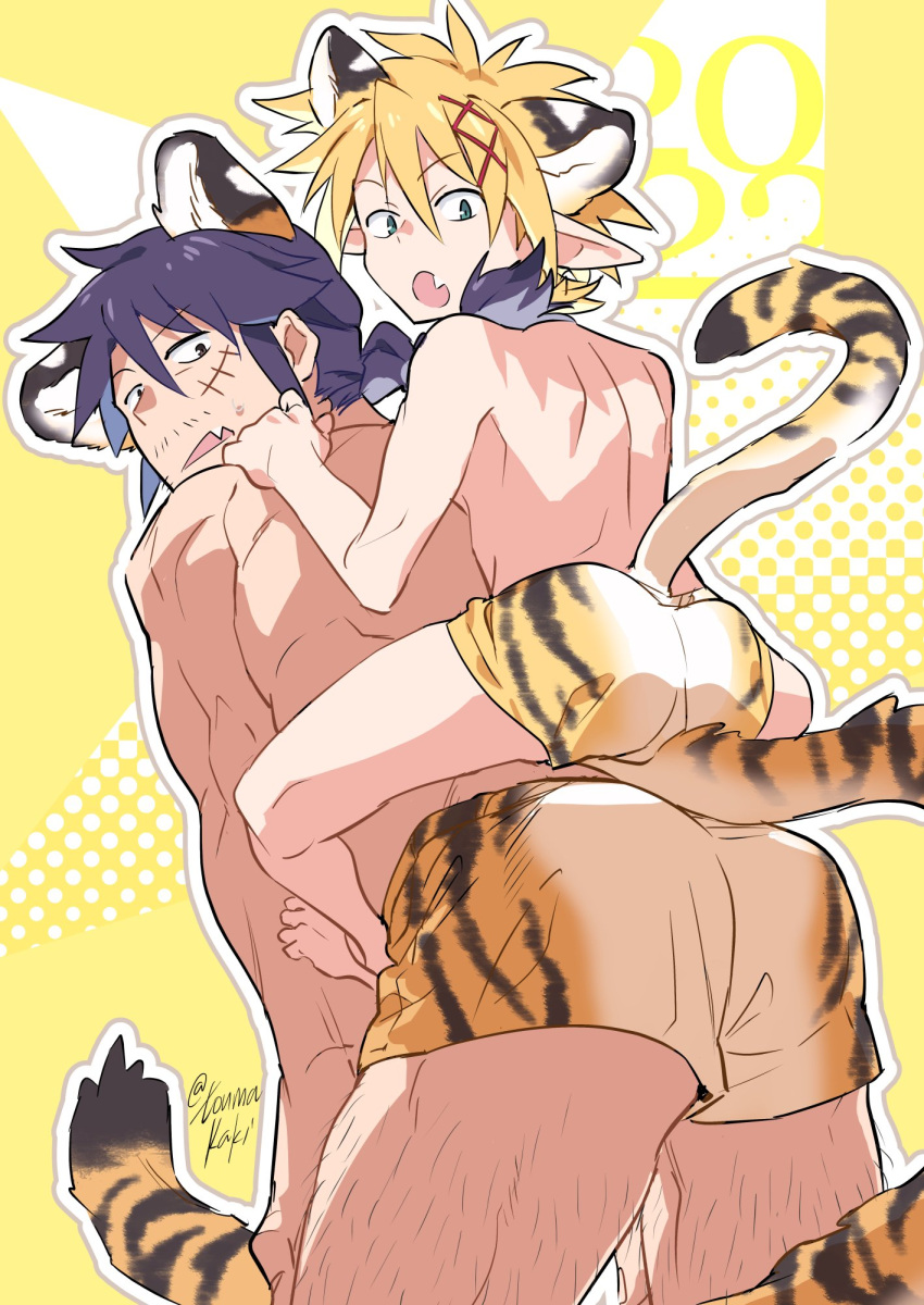 2boys animal_ears animal_print ass bara blonde_hair boxers carrying chinese_zodiac dasshu_(dashi_now) facial_hair feet_out_of_frame from_behind highres ishuzoku_reviewers kemonomimi_mode leaning_forward leg_hair long_hair looking_at_viewer looking_back male_focus male_underwear mature_male multiple_boys mustache_stubble oerba_yun_fang piggyback print_male_underwear sidelocks sitting_on_tail size_difference skin_fang sparse_stubble stitches stubble stunk tail tail_raised tiger_boy tiger_ears tiger_print tiger_tail toned toned_male topless_male twitter_username underwear year_of_the_tiger yellow_male_underwear zel_(ishuzoku_reviewers)