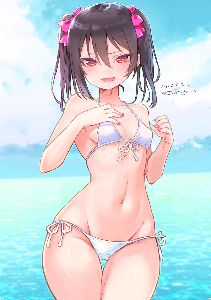 bad_id bad_pixiv_id bikini black_hair blue_sky blush bow breasts cloud commentary_request dated day female hair_between_eyes hairbow halterneck highres looking_at_viewer love_live! love_live!_school_idol_project miyamae_porin navel ocean open_mouth outdoors pink_bow red_eyes short_hair side-tie_bikini_bottom sky small_breasts solo stomach string_bikini swimsuit thigh_gap thighs twintails twitter_username white_bikini yazawa_nico