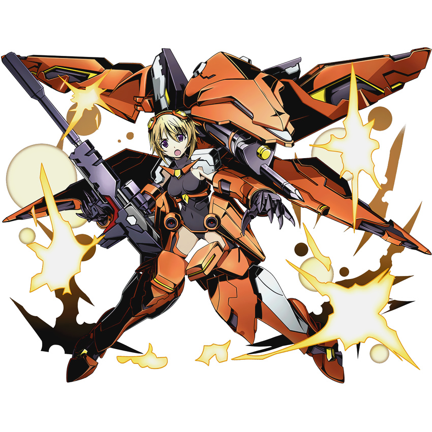 alpha_transparency black_leotard blonde_hair breasts charlotte_dunois covered_navel divine_gate female full_body gun hair_between_eyes hairband highres infinite_stratos leotard looking_at_viewer medium_breasts official_art open_mouth purple_eyes rafale_revive_custom_ii short_hair side_ponytail solo transparent_background ucmm weapon