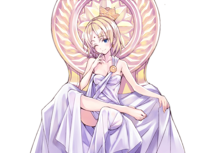 ;) bare_shoulders barefoot bindi blonde_hair blue_eyes blush breasts buddhism butsuzou_collection cleavage crown earrings facial_mark female forehead_mark hankafumisage hankashii highres jewelry looking_at_viewer matsuryuu one_eye_closed original robe short_hair sitting small_breasts smile solo