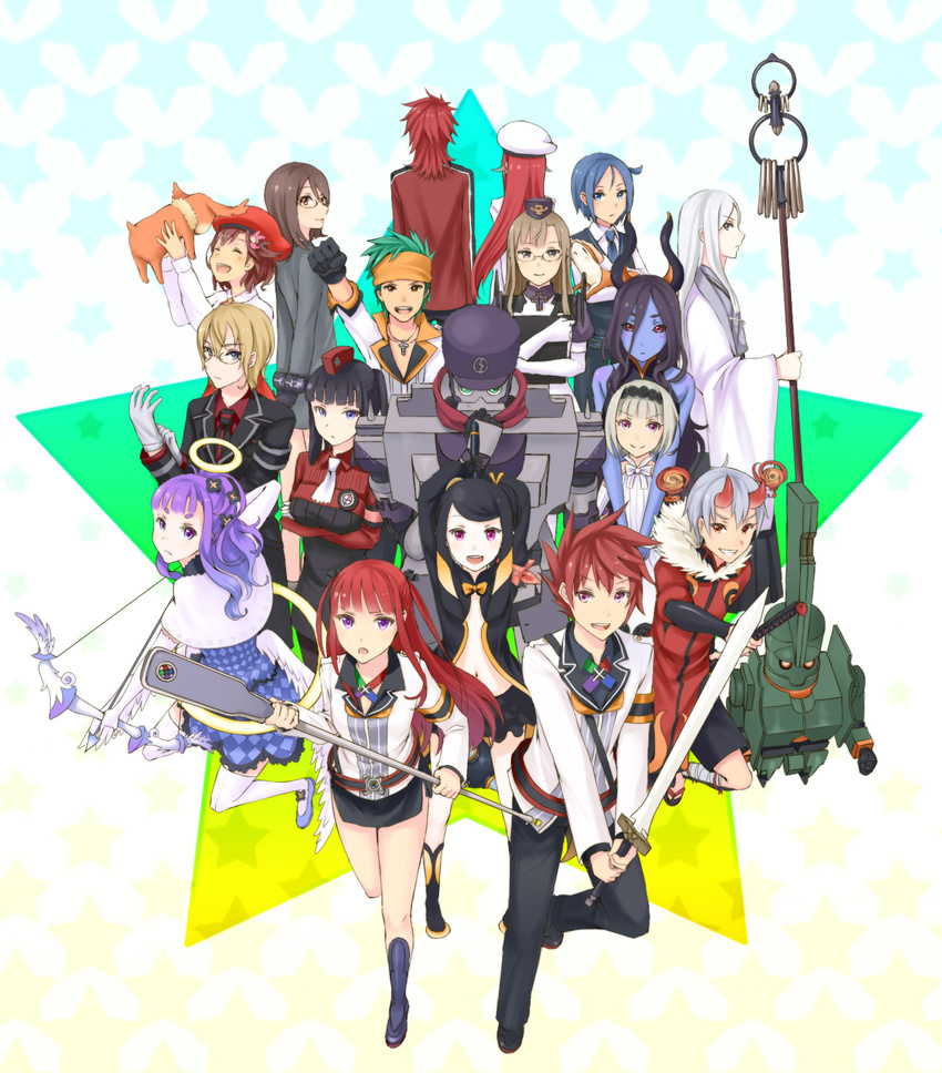 6+boys 6+girls abert annotated anvil_(summon_night) arca_(summon_night) aty_(summon_night) black_hair black_hairband black_sclera blonde_hair blue_eyes blue_hair blue_skin bow_(weapon) brown_hair calis_noirarm clesea_kamishiro closed_eyes colored_sclera colored_skin commentary_request crossed_arms cyda_afrarn demon_girl dyth elbow_gloves everyone flootier folth formal glasses gloves green_hair hairband halo hat highres horns kagerou_(summon_night) long_hair manager_(summon_night) meteora_(summon_night) multiple_boys multiple_girls navel necktie open_mouth pants pariet primo_(summon_night) profile purple_eyes purple_hair red_eyes red_hair rexx ruelly_kamishiro sakurage short_hair silver_hair skirt souken spinel_(summon_night) staff suit summon_night summon_night_5 sword thighhighs torque_(summon_night) weapon yeng-hua