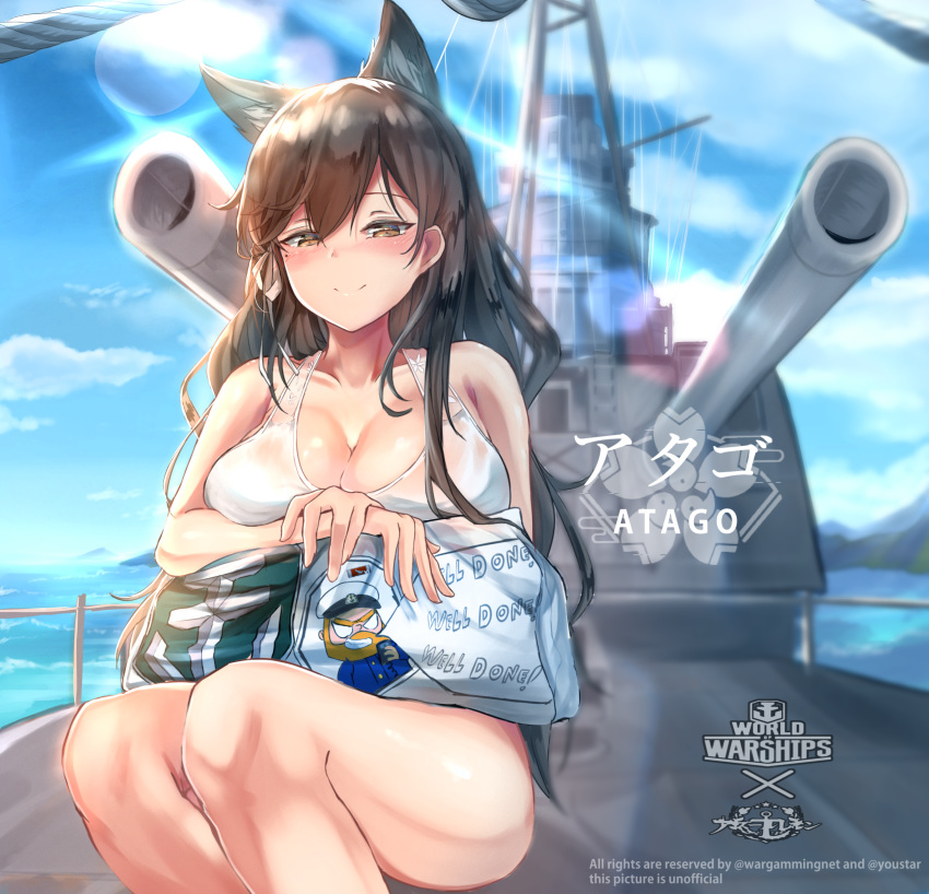 absurdres animal_ears atago_(azur_lane) atago_(cruiser) atago_(summer_march)_(azur_lane) azur_lane bikini black_hair blue_sky blurry blurry_background blush breasts brown_eyes cannon captain_bad_advice closed_mouth cloud commentary_request cruiser day eagle_union_(emblem) extra_ears female hair_between_eyes hair_ribbon half-closed_eyes heavy_cruiser highres historical_name_connection imperial_japanese_navy large_breasts long_hair looking_at_viewer military military_vehicle mole mole_under_eye name_connection object_namesake ocean official_alternate_costume outdoors pillow ribbon septet_(zrca_janne) ship sidelocks sitting sky smile solo sunlight swept_bangs swimsuit thighs turret vehicle_and_personification warship watercraft white_bikini white_ribbon world_of_warships world_war_ii