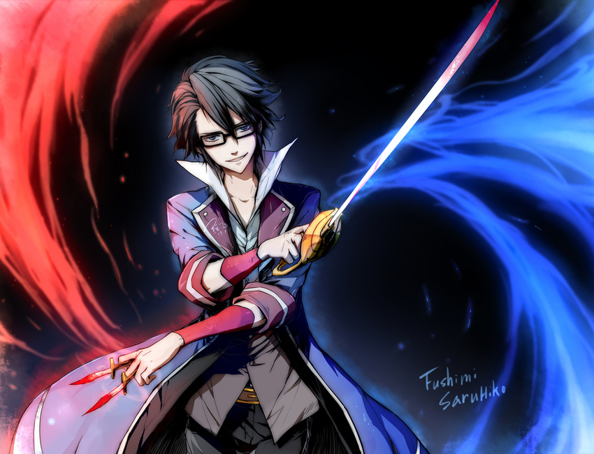 1boy black_hair blue_eyes character_name commentary_request fushimi_saruhiko glasses highres k-project linjie male_focus photoshop_(medium) rapier solo sword weapon