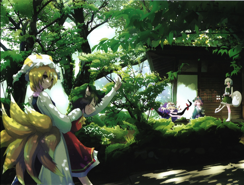 5girls animal_ears animal_hat architecture arm_up blonde_hair bow cat_ears chen dappled_sunlight east_asian_architecture fox_tail gap_(touhou) glass grey_hair hairbow hat hat_ribbon japanese_clothes kimono kneehighs konpaku_youmu konpaku_youmu_(ghost) leaf looking_at_viewer looking_back mob_cap multiple_girls multiple_tails nature open_mouth pink_hair ribbon saigyouji_yuyuko shadow smile socks sunlight tail takanashi_akihito touhou tray tree triangular_headpiece white_legwear yakumo_ran yakumo_yukari