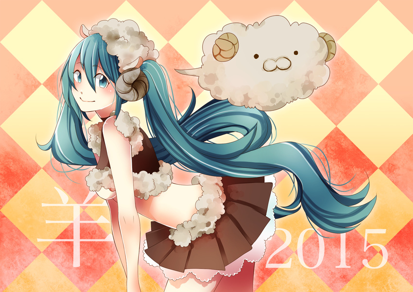 2015 aqua_eyes aqua_hair checkered_background commentary_request female hatsune_miku highres horns leaning_forward long_hair looking_at_viewer masumofu new_year sheep sheep_girl skirt solo twintails very_long_hair vocaloid