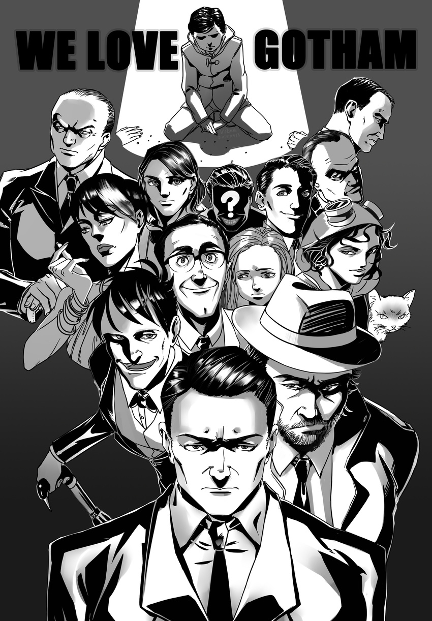 ? alfred_pennyworth batman_(series) bracelet bruce_wayne carmine_falcone catwoman dark_skin dc_comics edward_nigma fish_mooney glasses gotham harvey_bullock harvey_dent hat james_gordon jewelry martha_wayne monochrome multiple_boys multiple_girls necktie oswald_cobblepot poison_ivy police renee_montoya selina_kyle smile suit the_joker the_penguin thomas_wayne umbrella