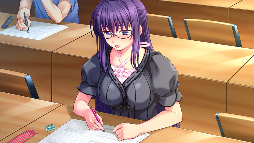 1boy blue_eyes brave_hunter_aoi breasts classroom collarbone eraser female female frills game_cg glasses include_(studio) indoors long_hair okuno_hazuki open_mouth pen purple_hair short_sleeves sitting sunbeam sweat tears yoshi_hyuuma