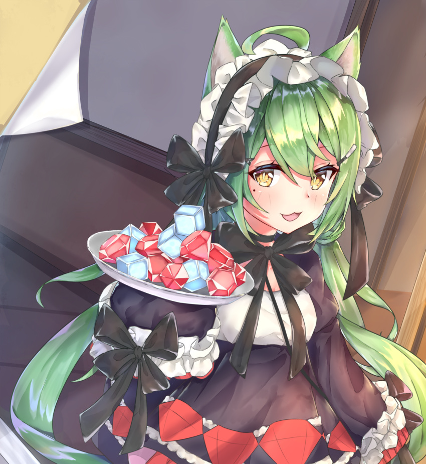 :3 :d ahoge akashi_(azur_lane) akashi_(the_black_cat_cometh!)_(azur_lane) animal_ears azur_lane black_bow black_dress black_hairband blush bow breasts brown_eyes cat_ears commentary_request cube dress female frilled_hairband frilled_sleeves frills gem gem_(azur_lane) gothic_lolita green_hair hair_between_eyes hairband highres holding holding_plate indoors juliet_sleeves lolita_fashion long_hair long_sleeves looking_at_viewer mishuo_(misuo69421) mole mole_under_eye official_alternate_costume open_mouth plate puffy_sleeves red_gemstone sleeves_past_fingers sleeves_past_wrists small_breasts smile solo standing very_long_hair wisdom_cube_(azur_lane)