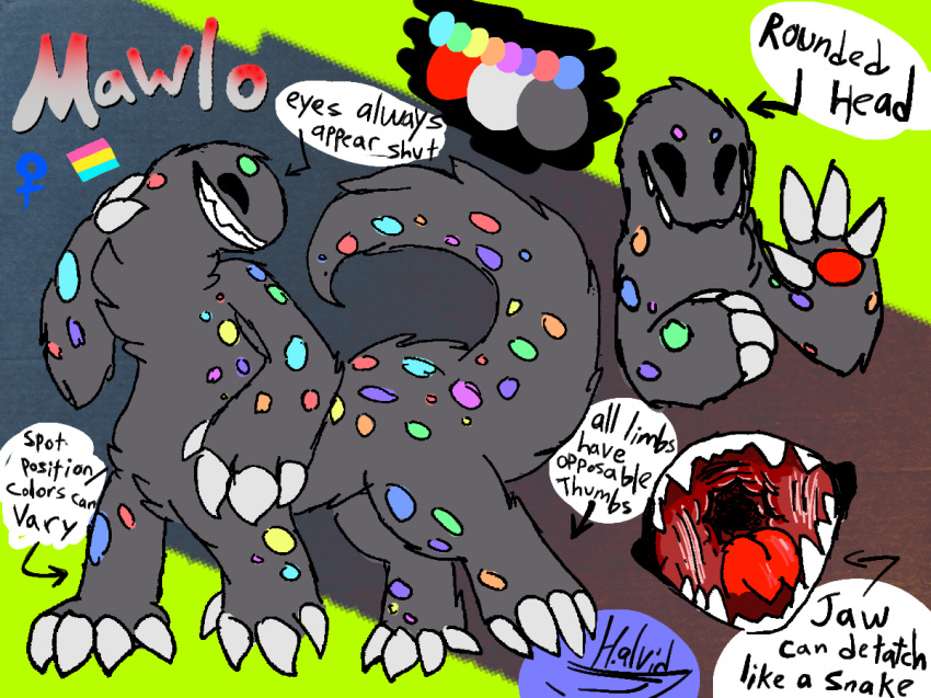 4:3 6_legs ambiguous_gender black_eyes claws english_text fangs fur grey_body grey_fur halvid9508 mawlo_(halvid9508) model_sheet monster mouth_shot multi_leg multi_limb multicolored_body multicolored_fur open_mouth red_paws simple_background smile solo spots taur teeth text throat tongue