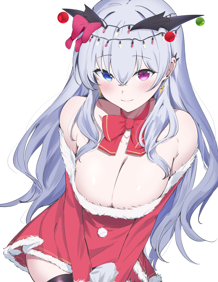 absurdres bare_shoulders blue_eyes blush bow bowtie breasts christmas cleavage closed_mouth commentary_request female grey_hair heterochromia highres large_breasts long_hair long_sleeves looking_at_viewer mattyazuki neo-porte purple_eyes red_bow red_bowtie santa_costume smile solo tentei_forte thighs virtual_youtuber