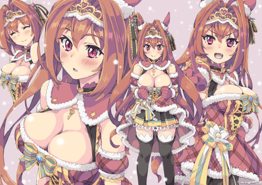 animal_ears black_thighhighs blush breasts brown_hair cleavage clenched_hands commentary_request daiwa_scarlet_(scarlet_nuit_etoile)_(umamusume) daiwa_scarlet_(umamusume) female fur-trimmed_gloves fur_trim gloves grey_background hair_intakes homing_(areya) horse_ears horse_girl index_finger_raised jewelry key key_necklace large_breasts long_hair looking_at_viewer multiple_views necklace oerba_yun_fang parted_lips red_eyes red_gloves smile thighhighs tiara umamusume