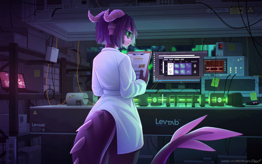 2023 anthro biped breasts clothing coat detailed_background dragon ear_frill female frill_(anatomy) hair hi_res horn inside lab_coat laboratory laser non-mammal_breasts purple_body purple_hair purple_scales red3engine reptile safety_glasses scales scalie solo text topwear two-tone_scales url wingless_dragon yubi_clearsky