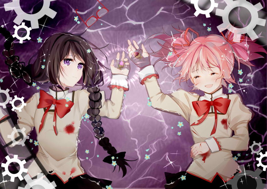 2girls :d absurdres akemi_homura black_hair blood blush bow closed_eyes hair_ribbon highres kakami_(pixiv7616827) kaname_madoka long_hair lying mahou_shoujo_madoka_magica mahou_shoujo_madoka_magica_(anime) mitakihara_school_uniform multiple_girls on_back open_mouth pink_hair purple_eyes ribbon school_uniform short_hair short_twintails smile soul_gem spoilers twintails unworn_eyewear