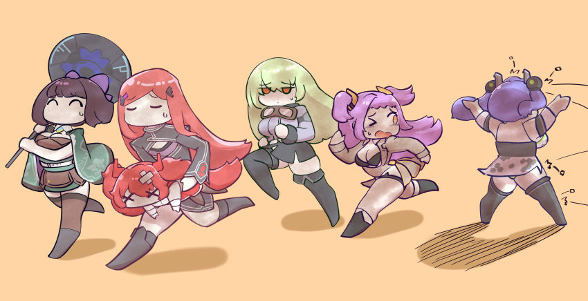 >_o 6+girls absurdres banshee_(last_origin) black_dress blue_hair boots bow breasts carrying carrying_under_arm chibi cleavage closed_eyes commentary_request daika_(last_origin) djinnia_(last_origin) dress flat_chest fleeing full_body green_hair hairbow highres hoyo korean_commentary large_breasts last_origin long_hair looking_at_another may_of_doom miniskirt multiple_girls night_angel_(last_origin) no_mouth one_eye_closed purple_hair red_eyes red_hair running short_hair simple_background skirt sweatdrop sylphid_(last_origin) thigh_boots thighhighs twintails two_side_up x_x yellow_background yellow_eyes