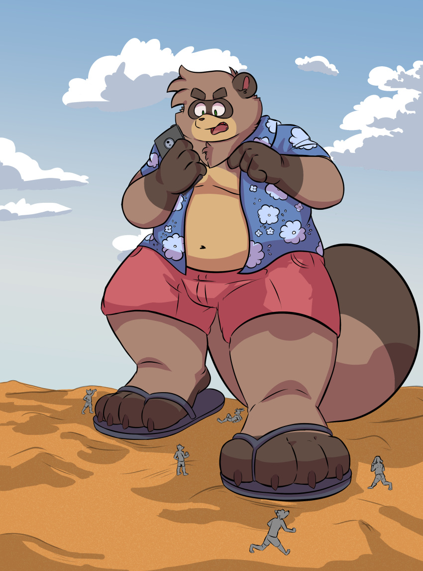 4_toes absurd_res andythetanuki andythetanuki_(character) anthro beach belly big_belly bottomwear canid canine claws clothing faceless_character faceless_male feet floral_pattern footwear group hi_res macro male mammal micro outside paws raccoon_dog sandals seaside shorts size_difference tanuki toes walking