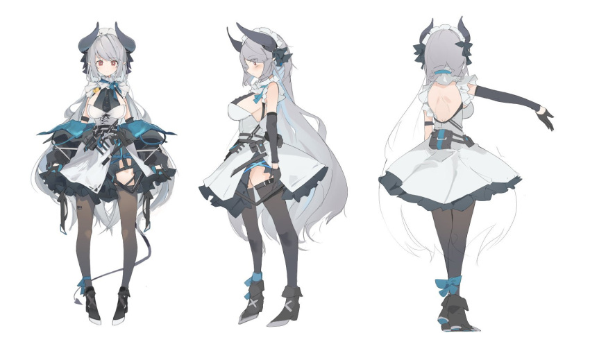 akuma_meryl backless_dress backless_outfit belt black_footwear black_gloves black_legwear boots breasts center_frills closed_mouth demon_girl demon_tail detached_sleeves dress eclipse_live_project female frills full_body gloves grey_hair halo high_heel_boots high_heels highres horns large_breasts long_hair long_sleeves maid_headdress mikozin mole mole_under_eye multiple_views outstretched_arm pouch reference_sheet second-party_source shoulder_blades sideboob sidelocks simple_background single_detached_sleeve sleeveless sleeveless_dress tail thighhighs virtual_youtuber white_background white_dress wings