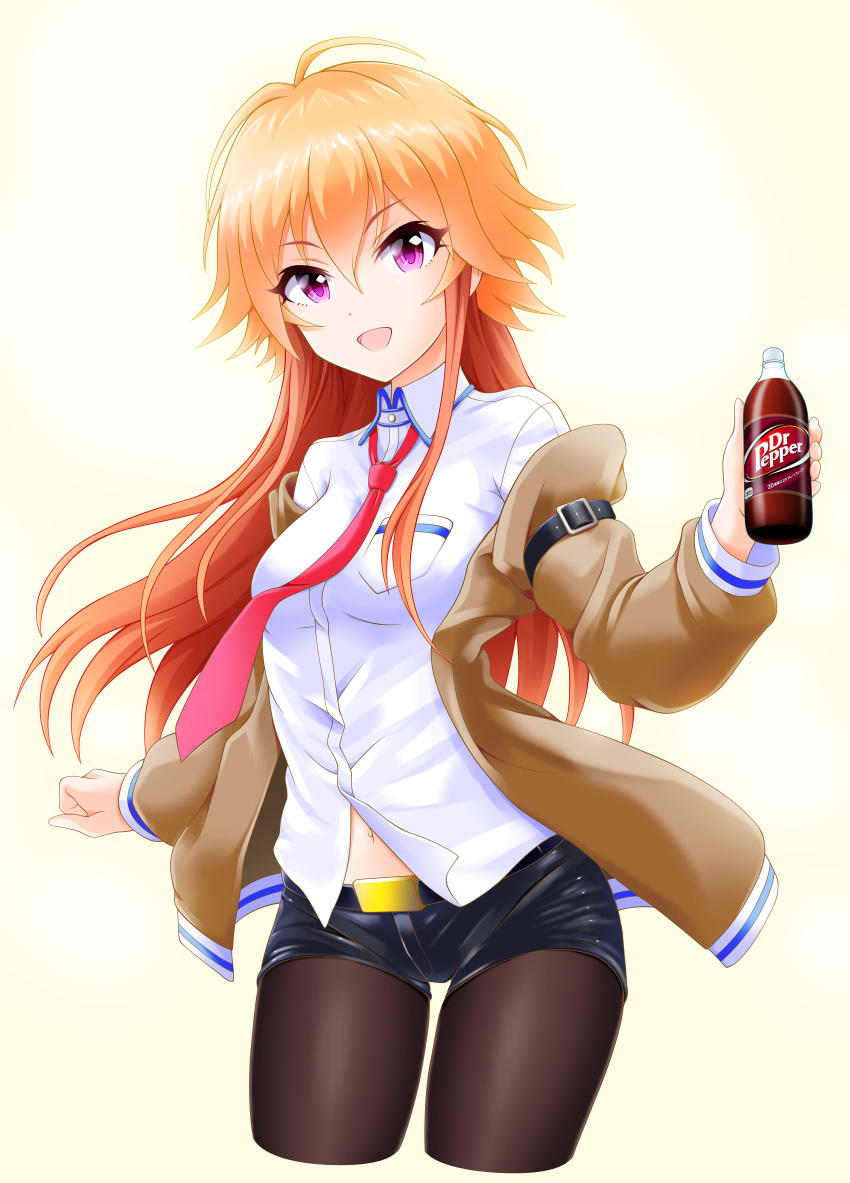 :d absurdres black_pantyhose black_shorts blonde_hair bottle breasts brown_coat brown_hair coat collared_shirt commentary_request cosplay cowboy_shot cropped_legs dr_pepper dress_shirt eva_16-gouki female hair_between_eyes highres holding holding_bottle idolmaster idolmaster_cinderella_girls long_hair long_sleeves looking_at_viewer makise_kurisu makise_kurisu_(cosplay) medium_breasts midriff multicolored_hair navel necktie ninomiya_asuka open_clothes open_coat open_mouth pantyhose pantyhose_under_shorts photoshop_(medium) purple_eyes red_necktie shirt short_shorts shorts simple_background smile solo standing steins;gate stomach thigh_gap two-tone_hair very_long_hair white_background white_shirt wing_collar