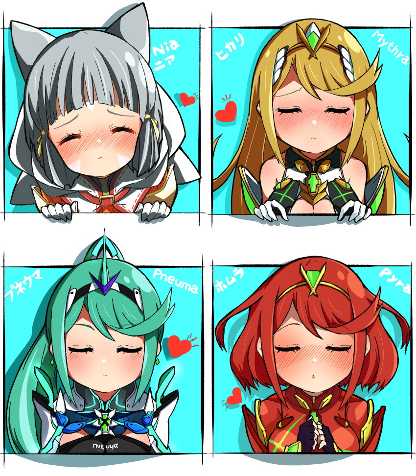 4girls absurdres animal_ears bad_id bad_pixiv_id blonde_hair blunt_bangs breasts cat_ears chest_jewel facial_mark green_hair grey_hair highena highres large_breasts long_hair multiple_girls mythra_(xenoblade) nia_(xenoblade) pneuma_(xenoblade) ponytail pyra_(xenoblade) red_hair short_hair spoilers swept_bangs very_long_hair xenoblade_chronicles_(series) xenoblade_chronicles_2