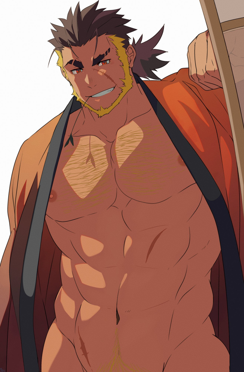 1boy abs another_eidos-r bara bare_pectorals beard bottomless brown_hair chest_hair crow_(siranui) eyebrow_cut facial_hair groin hand_up highres japanese_clothes jinnosuke_(another_eidos) kimono large_pectorals long_hair male_focus male_pubic_hair mature_male mouth_hold multicolored_hair muscular muscular_male naked_kimono navel navel_hair nipples obliques open_clothes open_kimono orange_eyes orange_kimono out-of-frame_censoring pectorals penis_out_of_frame pubic_hair scar scar_on_cheek scar_on_face scar_on_stomach seductive_smile smile solo spiked_hair stalk_in_mouth stomach thick_eyebrows tied_hair two-tone_hair