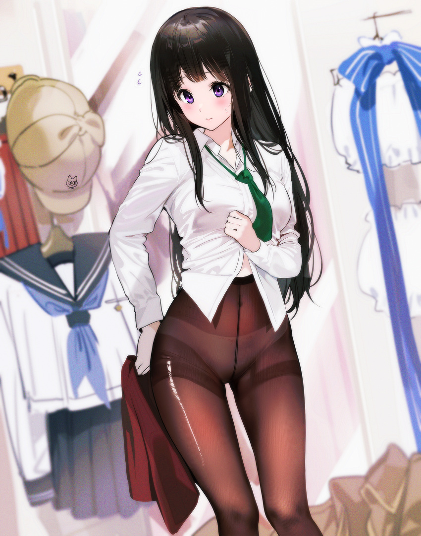 black_hair blush breasts brown_pantyhose chitanda_eru closed_mouth clothes_hanger collared_shirt commentary covered_navel crotch_seam dress_shirt dutch_angle feet_out_of_frame female flying_sweatdrops green_necktie hand_up hat high-waist_pantyhose highres holding holding_clothes hyouka indoors kamiyama_high_school_uniform_(hyouka) kimi_ni_matsuwaru_mystery long_hair long_sleeves looking_at_viewer loose_necktie madoromi_no_yakusoku medium_breasts mery_(yangmalgage) necktie panties panties_under_pantyhose pantyhose purple_eyes school_uniform see-through see-through_legwear serafuku shiny_clothes shiny_pantyhose shirt solo standing sweatdrop thighband_pantyhose thighs torn_clothes torn_pantyhose underwear undressing white_panties white_shirt