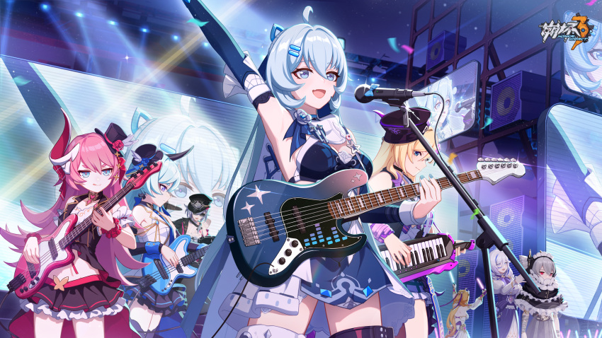 6+girls ahoge alternate_costume arm_up armpit_crease armpits asymmetrical_sleeves bass_guitar bianka_durandal_ataegina bianka_durandal_ataegina_(valkyrie_gloria) black-framed_eyewear black_headwear black_jacket black_skirt blonde_hair blue_eyes blue_sleeves bracelet breasts chinese_commentary commentary_request concert detached_sleeves drill_hair electric_guitar eyeliner fender_jazz_bass fender_jazzmaster fender_stratocaster fu_hua fu_hua_(herrscher_of_sentience) fu_hua_(turn_up_the_music!)_(herrscher_of_sentience) grey_hair guitar hair_between_eyes hare_(honkai_impact) hat highres holding holding_instrument honkai_(series) honkai_impact_3rd idol instrument jacket jewelry jingwei_(bird) large_breasts liliya_olenyeva logo long_hair long_sleeves low-tied_long_hair low_ponytail makeup microphone microphone_stand midriff miniskirt multicolored_hair multiple_girls music night official_alternate_costume official_art official_wallpaper on_head open_clothes open_jacket open_mouth orange_hair pink_hair playing_instrument playing_piano ponytail prometheus_(honkai_impact) red_eyeliner red_eyes rozaliya_olenyeva screen shigure_kira shirt single_bare_shoulder skirt sleeveless sleeveless_shirt small_breasts streaked_hair sunglasses susannah_manatt susannah_manatt_(valkyrie_quicksand) thighhighs tongue tongue_out v-shaped_eyebrows white_hair white_shirt white_sleeves white_thighhighs yellow_pupils