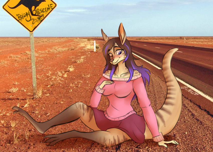 2019 anthro beingobscene biped bottomwear breasts clothing female hi_res implied_transformation kangaroo macropod mammal marsupial photo_background photography_(artwork) purple_eyes road sign sitting skirt smile solo stripes sweater topwear