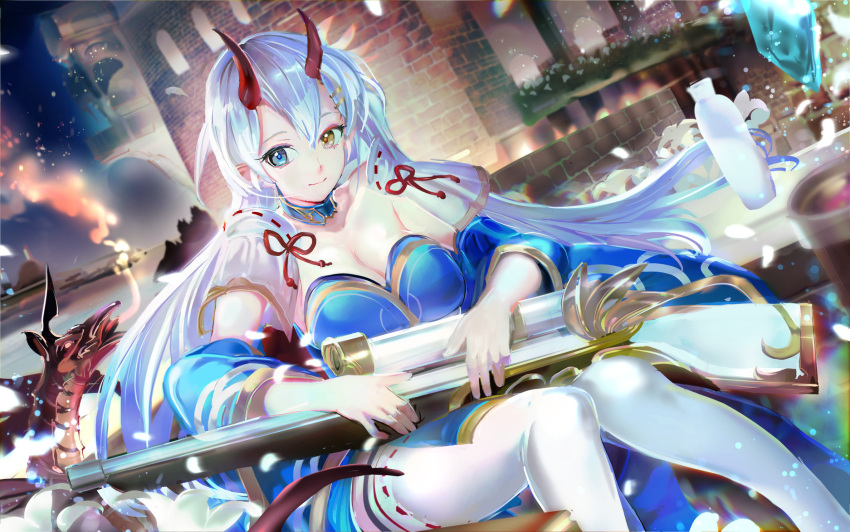 119 blue_eyes breasts capelet castle choker cleavage closed_mouth collarbone commentary_request detached_sleeves dragon female heterochromia highres horns knees_together_feet_apart large_breasts long_hair looking_at_viewer looking_to_the_side outdoors panilla_the_revival red_ribbon ribbon sitting smile solo thighhighs very_long_hair white_hair white_thighhighs wide_sleeves yellow_eyes yuugao_(panilla_the_revival) zettai_ryouiki