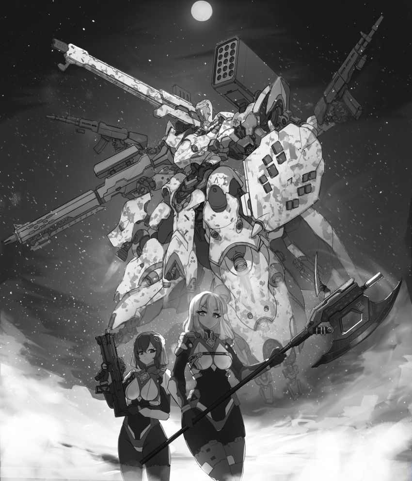 2girls absurdres axe breasts commission english_commentary expressionless extra_arms glowing glowing_eye greyscale gun highres holding holding_axe holding_gun holding_shield holding_weapon looking_at_viewer mecha medium_breasts medium_hair missile_pod monochrome multiple_girls one-eyed original pilot_suit robot science_fiction shield shoulder_cannon star_(symbol) syaha unfinished v-shaped_eyebrows veil weapon