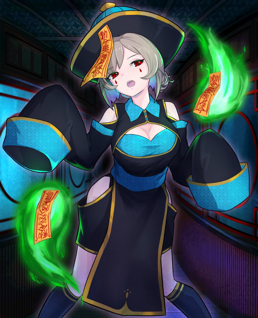 absurdres bad_id bad_twitter_id breasts cleavage facial_tattoo female grey_hair guardian_tales hat highres hitodama jiangshi looking_at_viewer medium_breasts mu_3no official_alternate_costume ofuda open_mouth outstretched_arms red_eyes scrivener_lahn solo standing tattoo zombie_pose