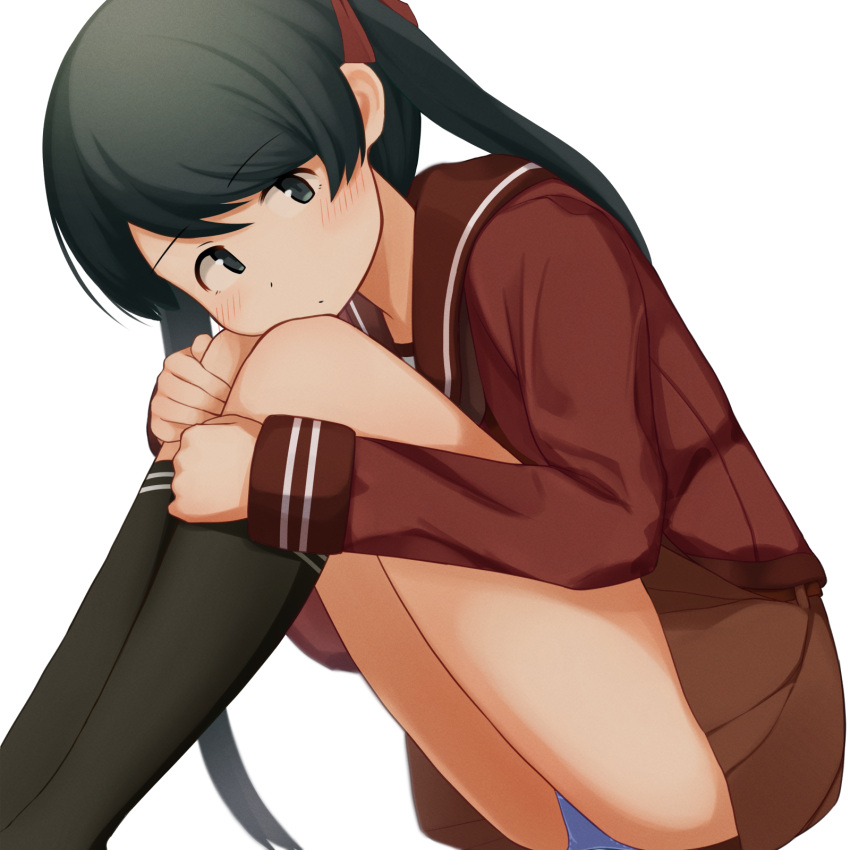 black_eyes black_hair black_socks blue_panties blush brown_skirt closed_eyes closed_mouth commentary female hair_ribbon highres hugging_own_legs kantai_collection kneehighs long_hair long_sleeves looking_at_viewer mikuma_(kancolle) panties pantyshot red_ribbon red_sailor_collar ribbon sailor_collar school_uniform serafuku simple_background sitting skirt socks solo twintails underwear white_background yotubawatane