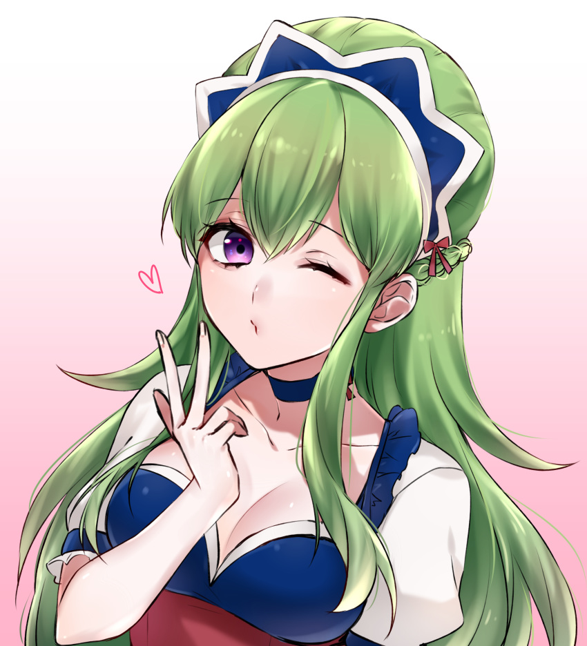 46ren absurdres blowing_kiss breasts cleavage collarbone commentary_request female green_hair hair_between_eyes heart highres ixion_saga ixion_saga_dt long_hair looking_at_viewer mariandale medium_breasts one_eye_closed purple_eyes sidelocks solo