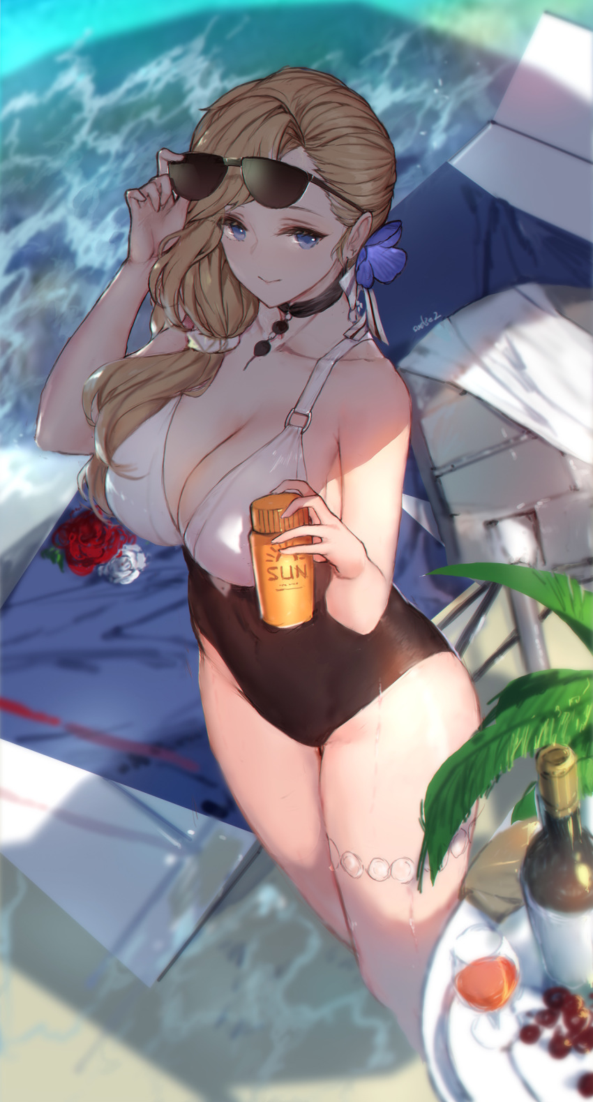 adjusting_eyewear anklet azur_lane bare_arms bare_shoulders beach black_choker blonde_hair blue_eyes breasts choker cleavage collarbone commentary cup day drinking_glass duplicate female flower hair_flower hair_ornament hair_over_shoulder hand_on_eyewear hand_up highres hood_(azur_lane) hood_(lady_of_the_shining_sun)_(azur_lane) jewelry large_breasts long_hair looking_at_viewer official_alternate_costume one-piece_swimsuit outdoors photoshop_(medium) pixel-perfect_duplicate rose smile solo standing sunglasses swd3e2 swimsuit thighs water wet wine_glass