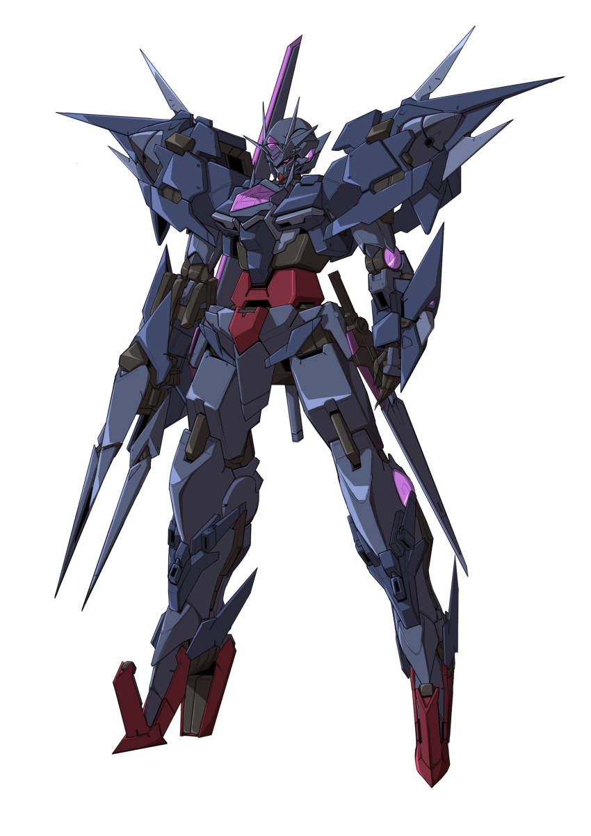 absurdres beam_rifle cunkou_mangren dark_persona energy_gun fusion gn_drive gundam gundam_00_sky gundam_build_divers highres looking_down mecha no_humans purple_eyes robot science_fiction solo standing v-fin weapon white_background