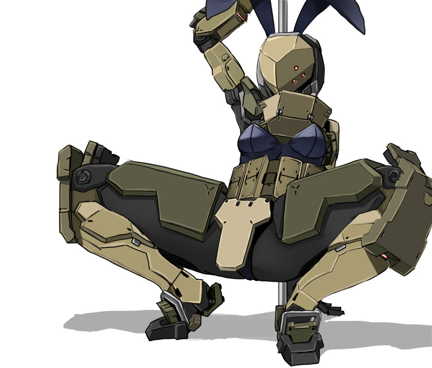 1other aegis_(girls'_frontline) animal_ears arm_support arm_up armor black_leotard commentary fake_animal_ears full_body girls'_frontline highres humanoid_robot leotard playboy_bunny pole pole_dancing rabbit_ears robot sangvis_ferri solo spread_legs squatting strapless strapless_leotard stripper_pole symbol-only_commentary white_background yanagui_yugi