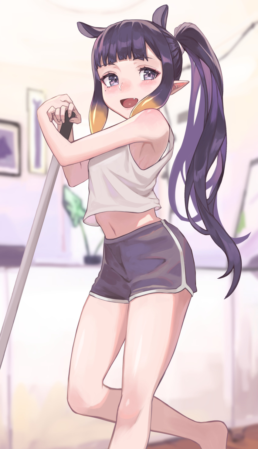 absurdres armpits blonde_hair blunt_bangs blurry blush commentary depth_of_field dolphin_shorts female gradient_hair highres hololive hololive_english kiwwwwwi light_blush long_hair looking_at_another midriff mole mole_under_eye multicolored_hair ninomae_ina'nis oerba_yun_fang orange_hair photo_(object) plant pointy_ears purple_eyes purple_hair purple_shorts shorts sidelocks smile solo standing standing_on_one_leg stomach streaked_hair tank_top tentacle_hair thighs twintails very_long_hair virtual_youtuber white_tank_top