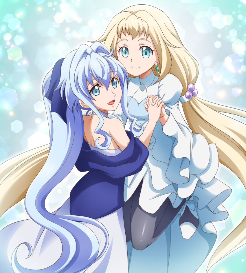 2girls blonde_hair blue_eyes blue_hair earrings eve_(gundam_build_divers_re:rise) gundam gundam_build_divers gundam_build_divers_re:rise hanzou highres holding_hands jewelry long_hair looking_at_viewer looking_back multiple_girls ponytail sara_(gundam_build_divers) smile tied_hair very_long_hair